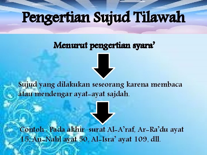 Pengertian Sujud Tilawah Menurut pengertian syara’ Sujud yang dilakukan seseorang karena membaca atau mendengar