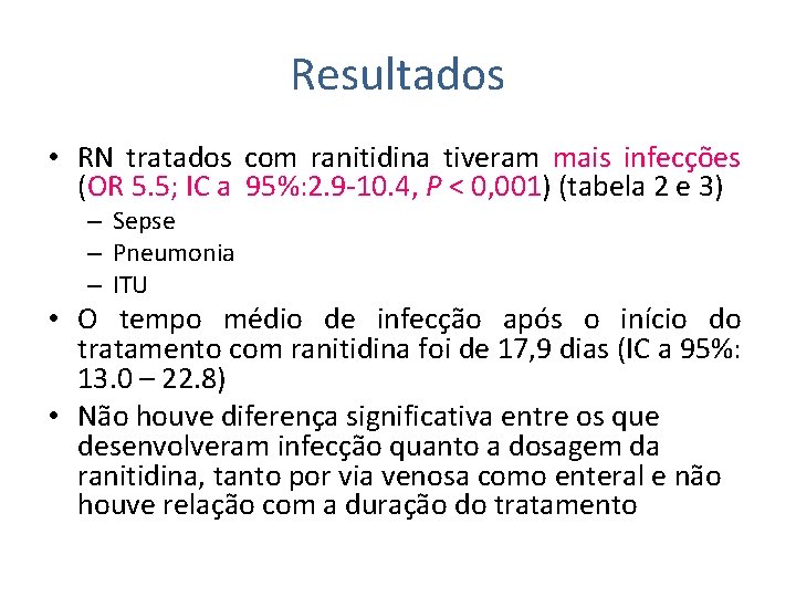 Resultados • RN tratados com ranitidina tiveram mais infecções (OR 5. 5; IC a