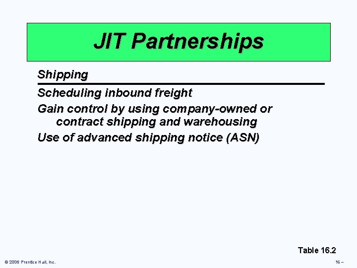 JIT Partnerships Shipping Scheduling inbound freight Gain control by using company-owned or contract shipping JIT Partnerships Shipping Scheduling inbound freight Gain control by using company-owned or contract shipping