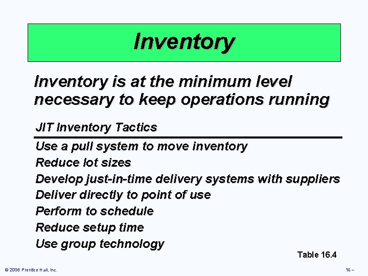 Inventory is at the minimum level necessary to keep operations running JIT Inventory Tactics Inventory is at the minimum level necessary to keep operations running JIT Inventory Tactics