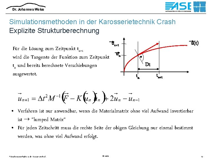 Simulationsmethoden in der Karosserietechnik Crash Explizite Strukturberechnung un+1 Für die Lösung zum Zeitpunkt tn+1