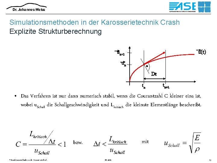Simulationsmethoden in der Karosserietechnik Crash Explizite Strukturberechnung un+1 u(t) un Dt tn+1 tn •