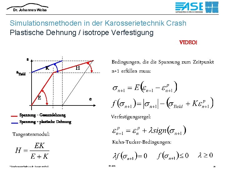 Simulationsmethoden in der Karosserietechnik Crash Plastische Dehnung / isotrope Verfestigung VIDEO! s K s.