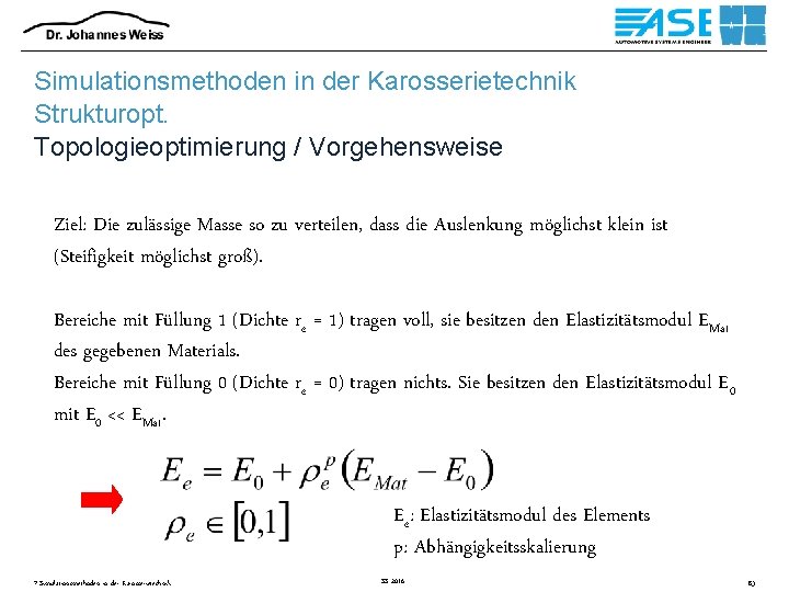 Simulationsmethoden in der Karosserietechnik Strukturopt. Topologieoptimierung / Vorgehensweise Ziel: Die zulässige Masse so zu