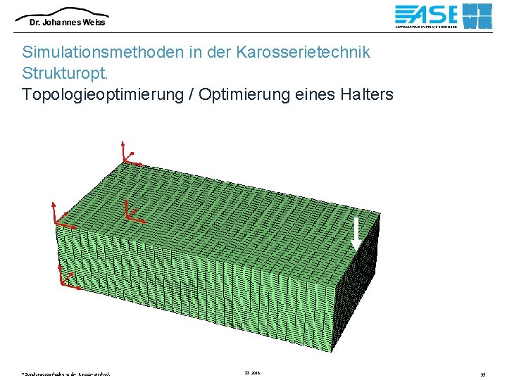 Simulationsmethoden in der Karosserietechnik Strukturopt. Topologieoptimierung / Optimierung eines Halters 7 Simulationsmethoden in der