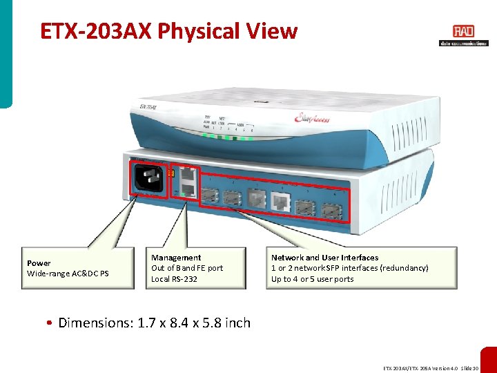 ETX-203 AX Physical View Power Wide-range AC&DC PS Management Out of Band FE port