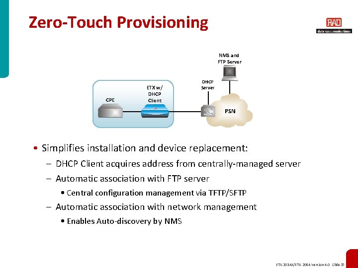 Zero-Touch Provisioning NMS and FTP Server CPE ETX w/ DHCP Client DHCP Server PSN