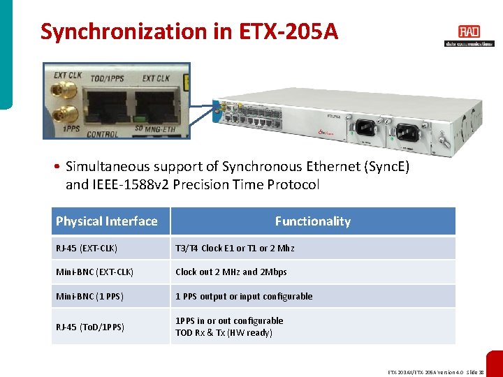 Synchronization in ETX-205 A • Simultaneous support of Synchronous Ethernet (Sync. E) and IEEE-1588