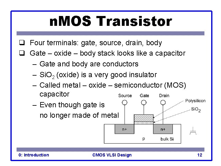 n. MOS Transistor q Four terminals: gate, source, drain, body q Gate – oxide