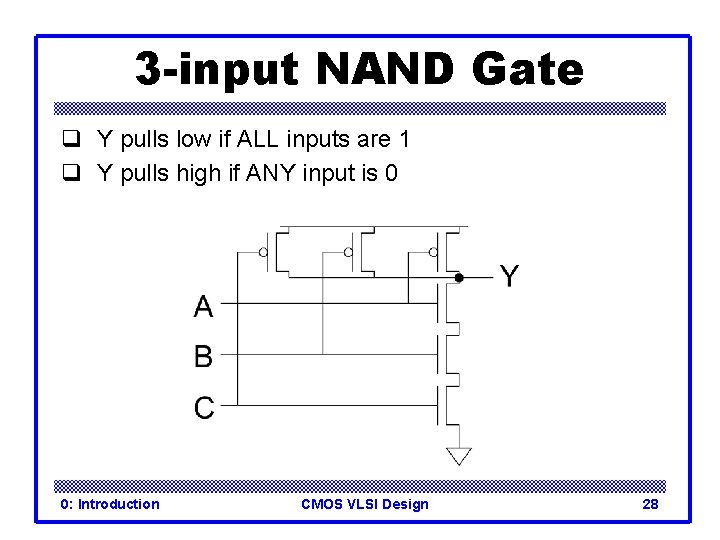3 -input NAND Gate q Y pulls low if ALL inputs are 1 q 3 -input NAND Gate q Y pulls low if ALL inputs are 1 q
