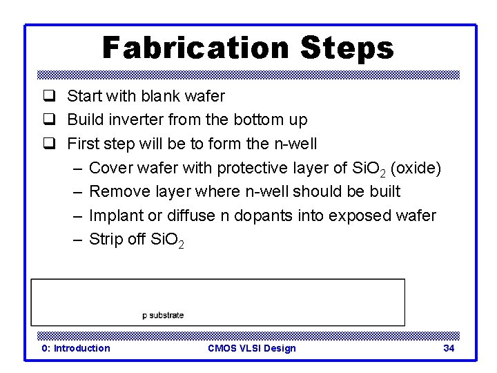 Fabrication Steps q Start with blank wafer q Build inverter from the bottom up