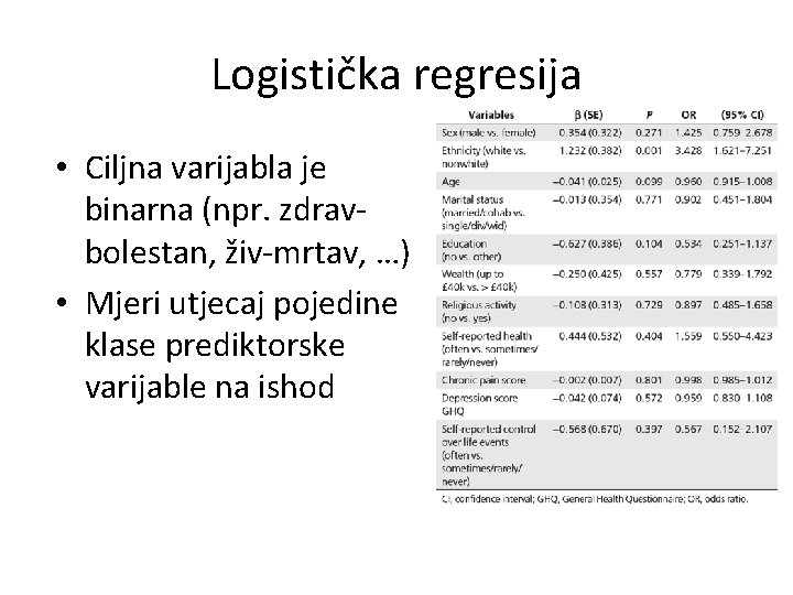 Logistička regresija • Ciljna varijabla je binarna (npr. zdravbolestan, živ-mrtav, …) • Mjeri utjecaj