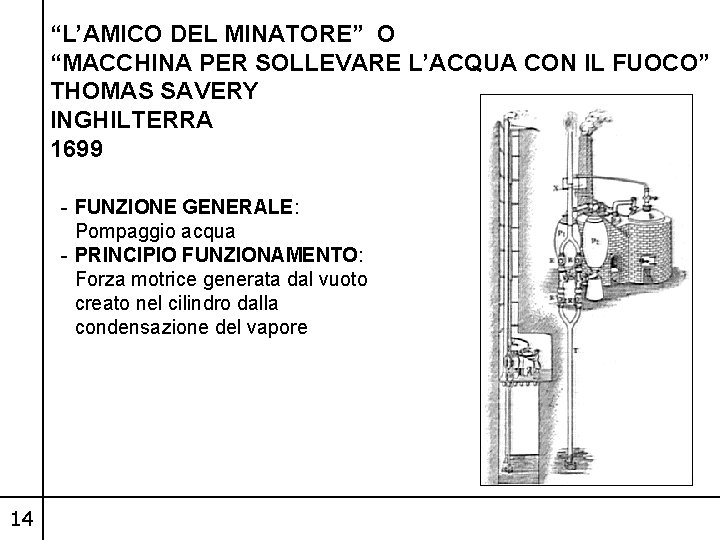 “L’AMICO DEL MINATORE” O “MACCHINA PER SOLLEVARE L’ACQUA CON IL FUOCO” THOMAS SAVERY INGHILTERRA