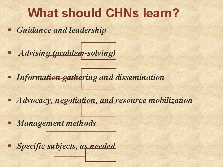 What should CHNs learn? § Guidance and leadership § Advising (problem-solving) § Information gathering