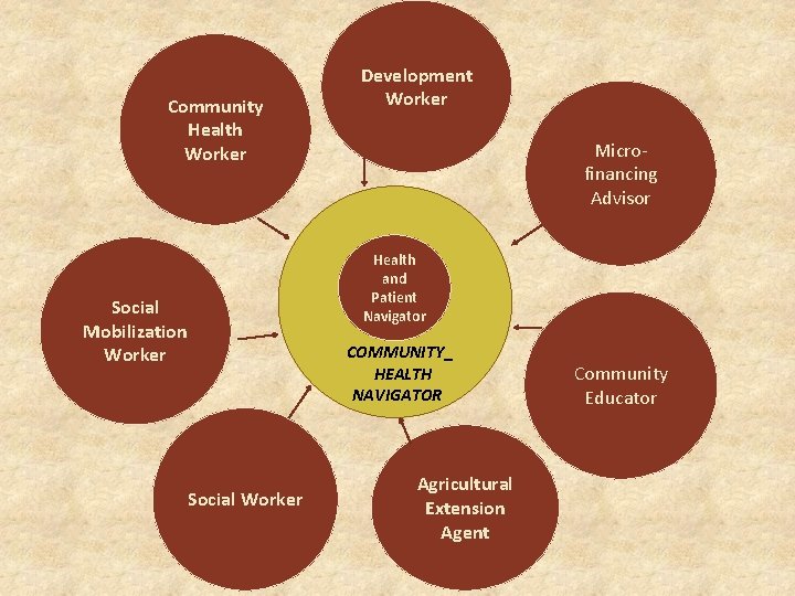 Community Health Worker Social Mobilization Worker Social Worker Development Worker Microfinancing Advisor Health and