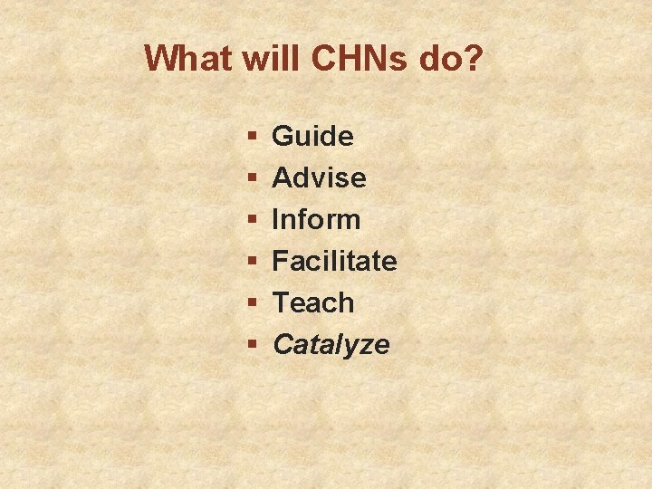 What will CHNs do? § § § Guide Advise Inform Facilitate Teach Catalyze 