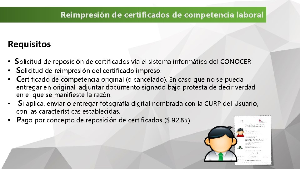 Reimpresión de certificados de competencia laboral Requisitos • Solicitud de reposición de certificados vía