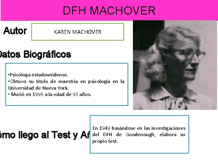 DFH MACHOVER Autor KAREN MACHOVER Datos Biográficos • Psicóloga estadounidense. • Obtuvo su título