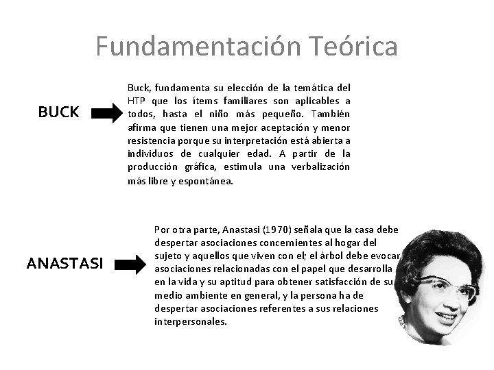 Fundamentación Teórica BUCK ANASTASI Buck, fundamenta su elección de la temática del HTP que