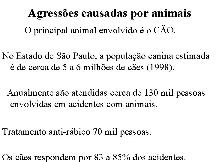 Agressões causadas por animais O principal animal envolvido é o CÃO. No Estado de