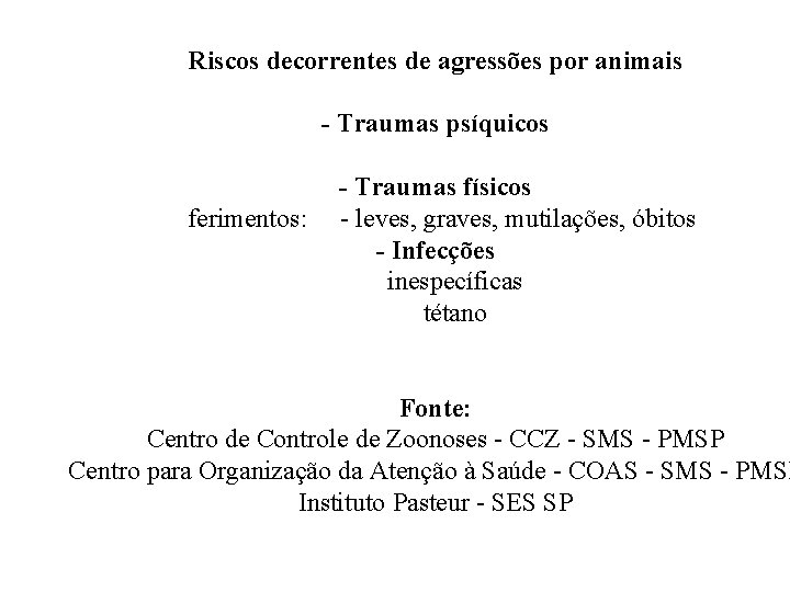 Riscos decorrentes de agressões por animais - Traumas psíquicos - Traumas físicos ferimentos: -