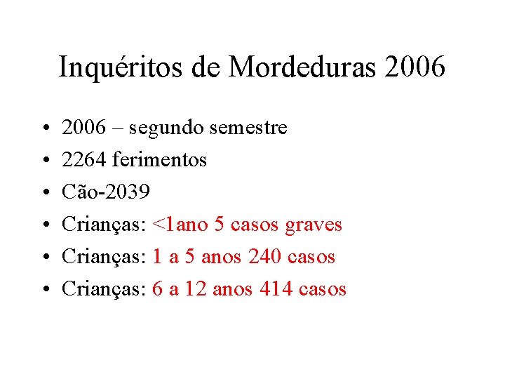 Inquéritos de Mordeduras 2006 • • • 2006 – segundo semestre 2264 ferimentos Cão-2039