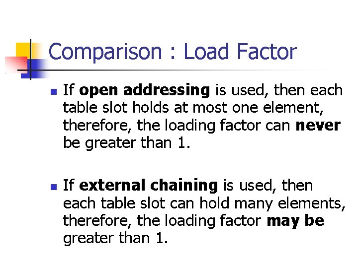 Comparison : Load Factor If open addressing is used, then each table slot holds