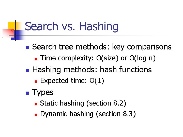 Search vs. Hashing Search tree methods: key comparisons Hashing methods: hash functions Time complexity: