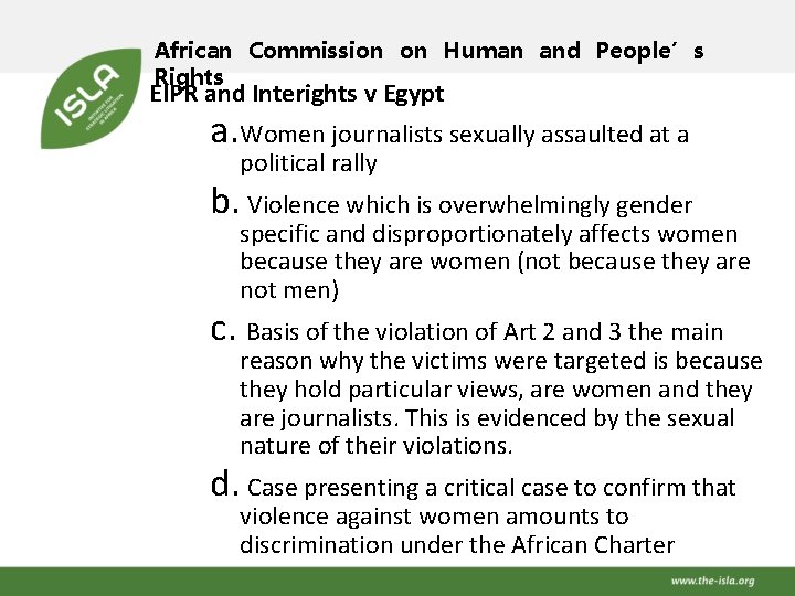 African Commission on Human and People’s Rights EIPR and Interights v Egypt a. Women