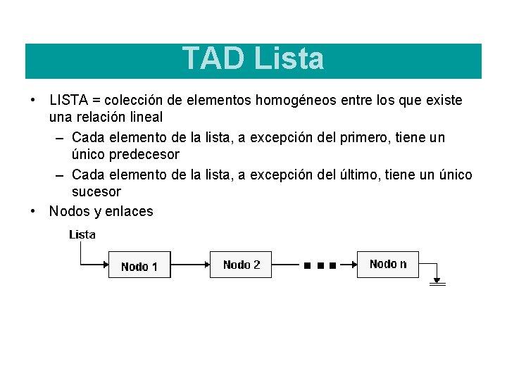 TAD Lista • LISTA = colección de elementos homogéneos entre los que existe una