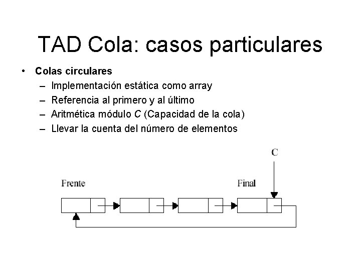TAD Cola: casos particulares • Colas circulares – Implementación estática como array – Referencia