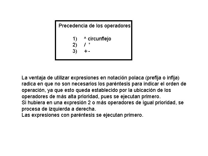 Precedencia de los operadores 1) 2) 3) ^ circunflejo / * +- La ventaja