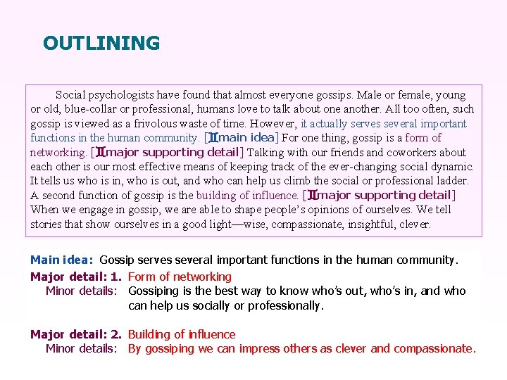 OUTLINING Social psychologists have found that almost everyone gossips. Male or female, young or