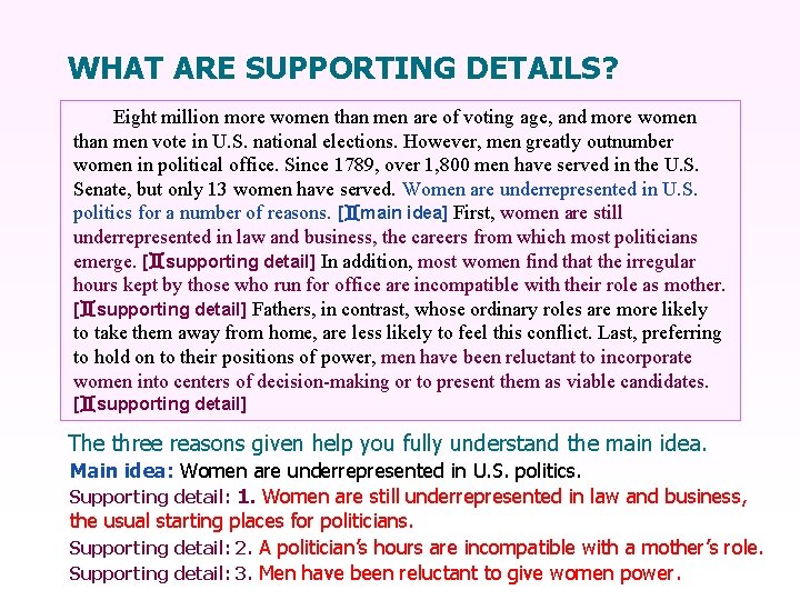 WHAT ARE SUPPORTING DETAILS? Eight million more women than men are of voting age,