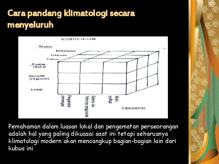 Cara pandang klimatologi secara menyeluruh Pemahaman dalam luasan lokal dan pengamatan perseorangan adalah hal