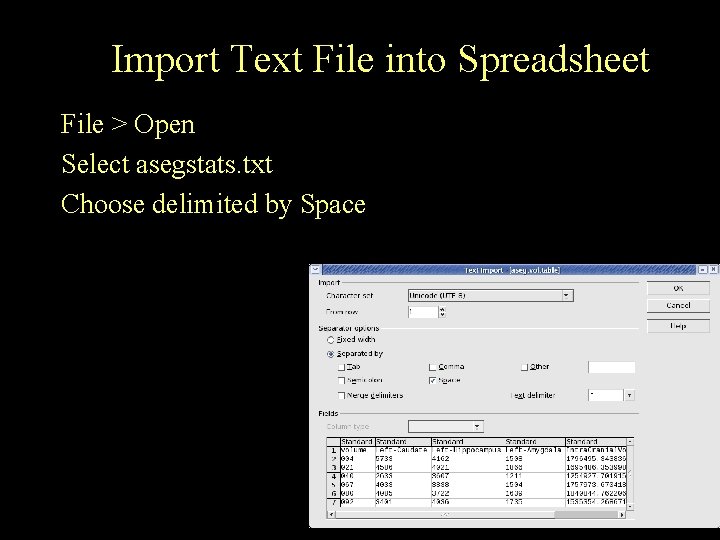 Import Text File into Spreadsheet File > Open Select asegstats. txt Choose delimited by