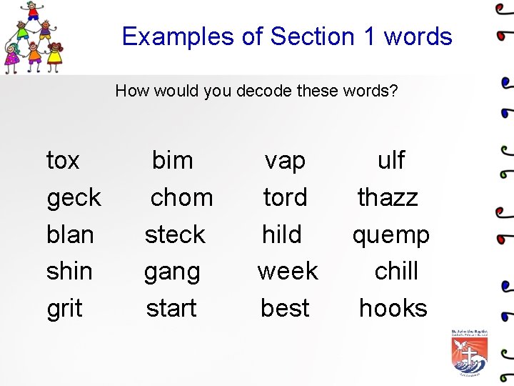 Examples of Section 1 words How would you decode these words? tox geck blan