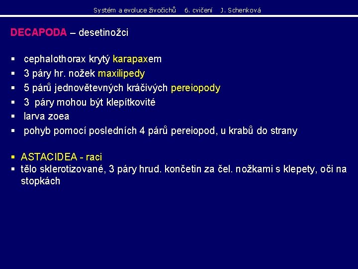 Systém a evoluce živočichů 6. cvičení J. Schenková DECAPODA – desetinožci § § § Systém a evoluce živočichů 6. cvičení J. Schenková DECAPODA – desetinožci § § §