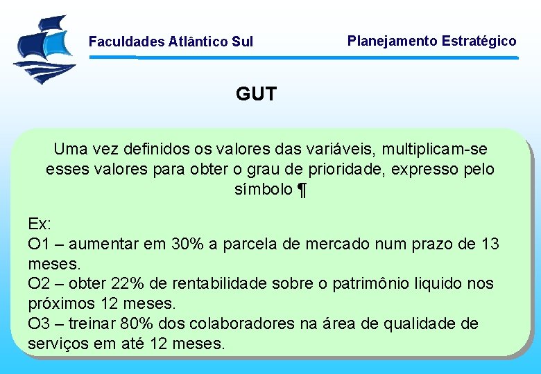 Faculdades Atlântico Sul Planejamento Estratégico GUT Uma vez definidos os valores das variáveis, multiplicam-se