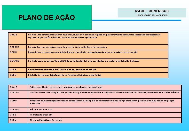 Faculdades Atlântico Sul PLANO DE AÇÃO MAGEL GENÉRICOS Planejamento Estratégico LABORATÓRIO FARMACÊUTICO O QUE