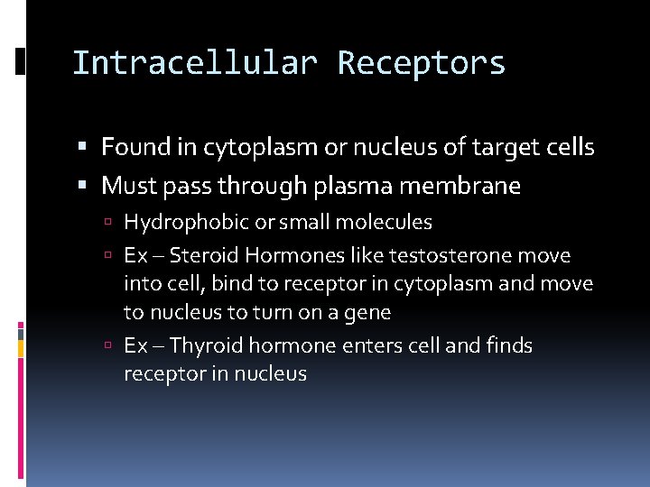 Intracellular Receptors Found in cytoplasm or nucleus of target cells Must pass through plasma