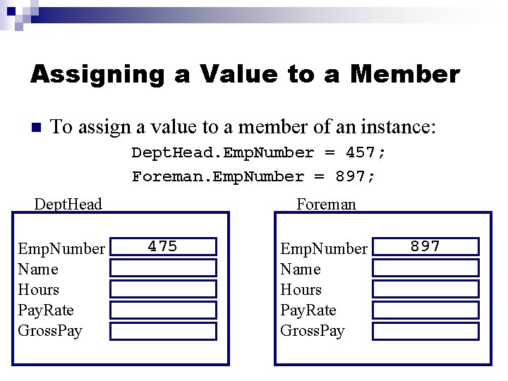 Assigning a Value to a Member n To assign a value to a member