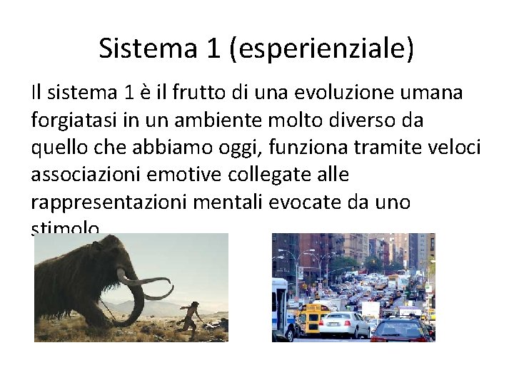 Sistema 1 (esperienziale) Il sistema 1 è il frutto di una evoluzione umana forgiatasi