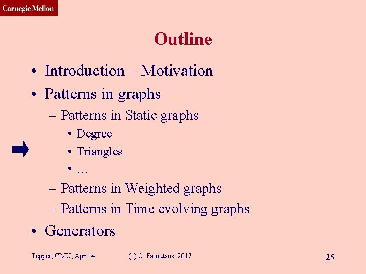 CMU SCS Outline • Introduction – Motivation • Patterns in graphs – Patterns in