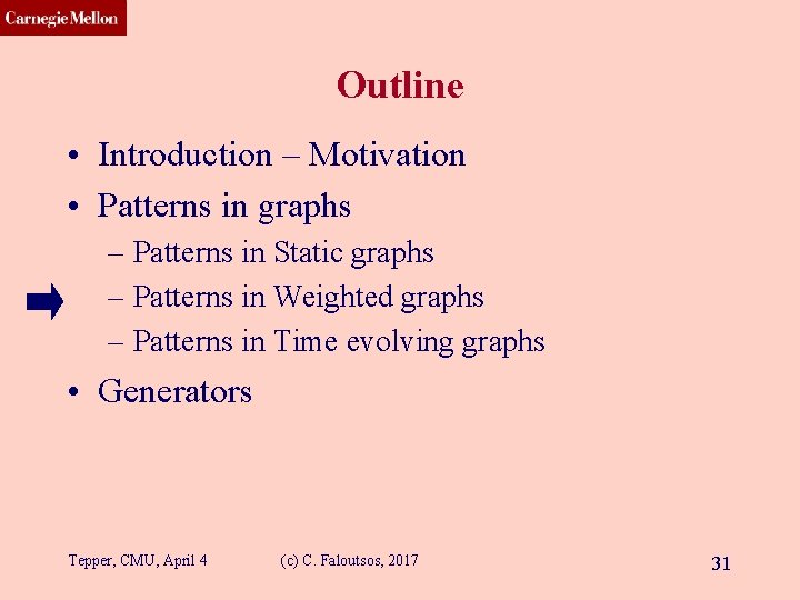 CMU SCS Outline • Introduction – Motivation • Patterns in graphs – Patterns in