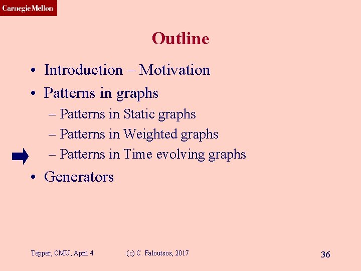 CMU SCS Outline • Introduction – Motivation • Patterns in graphs – Patterns in