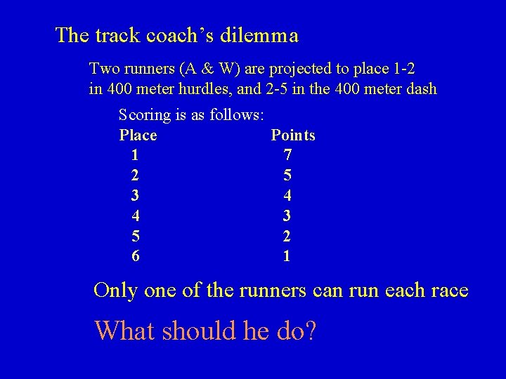 The track coach’s dilemma Two runners (A & W) are projected to place 1