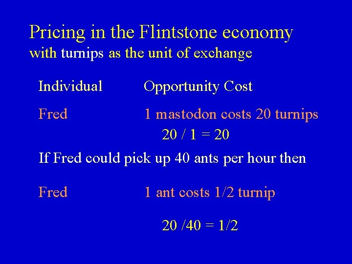 Pricing in the Flintstone economy with turnips as the unit of exchange Individual Opportunity