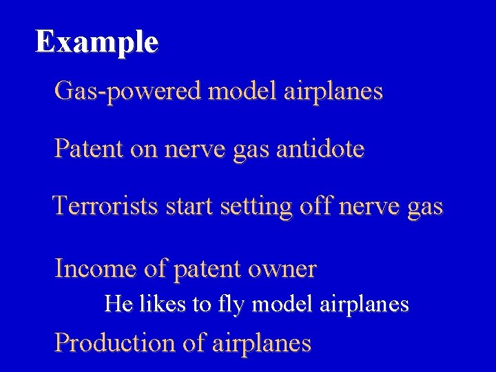 Example Gas-powered model airplanes Patent on nerve gas antidote Terrorists start setting off nerve