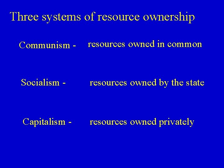 Three systems of resource ownership Communism - resources owned in common Socialism - resources